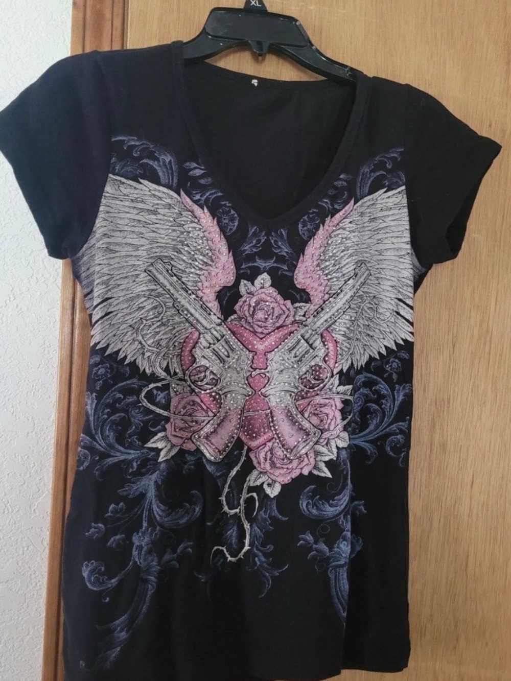 Black V-Neck Tee with Pink & Gray Winged Pistols Graphic